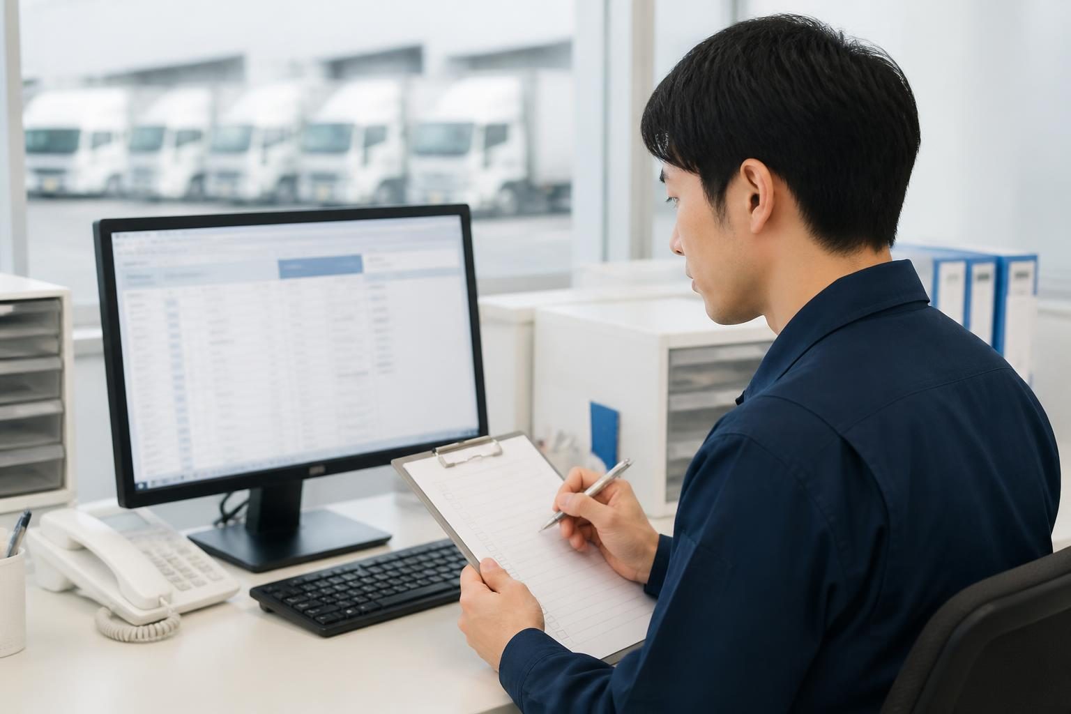 求荷求車サイトの荷物情報と空車情報の掲載内容を見直す配車担当者のイメージ