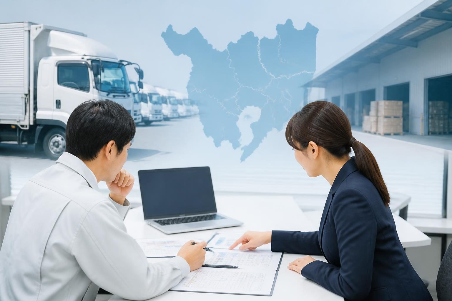 関東の荷物情報を確認しながら条件整理を行う物流担当者のイメージ