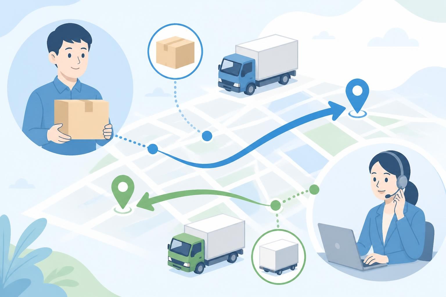 求荷と求車、帰り荷の関係をイメージした物流イラスト