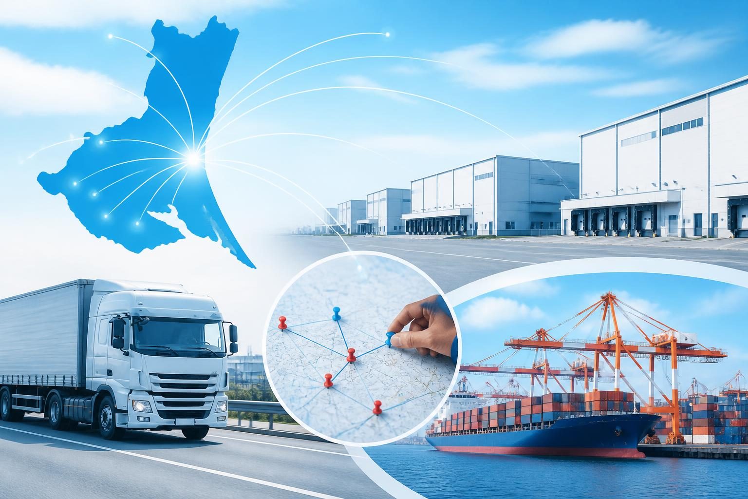 茨城県の工業地域と港湾方面を含む荷物情報の整理をイメージした物流イラスト