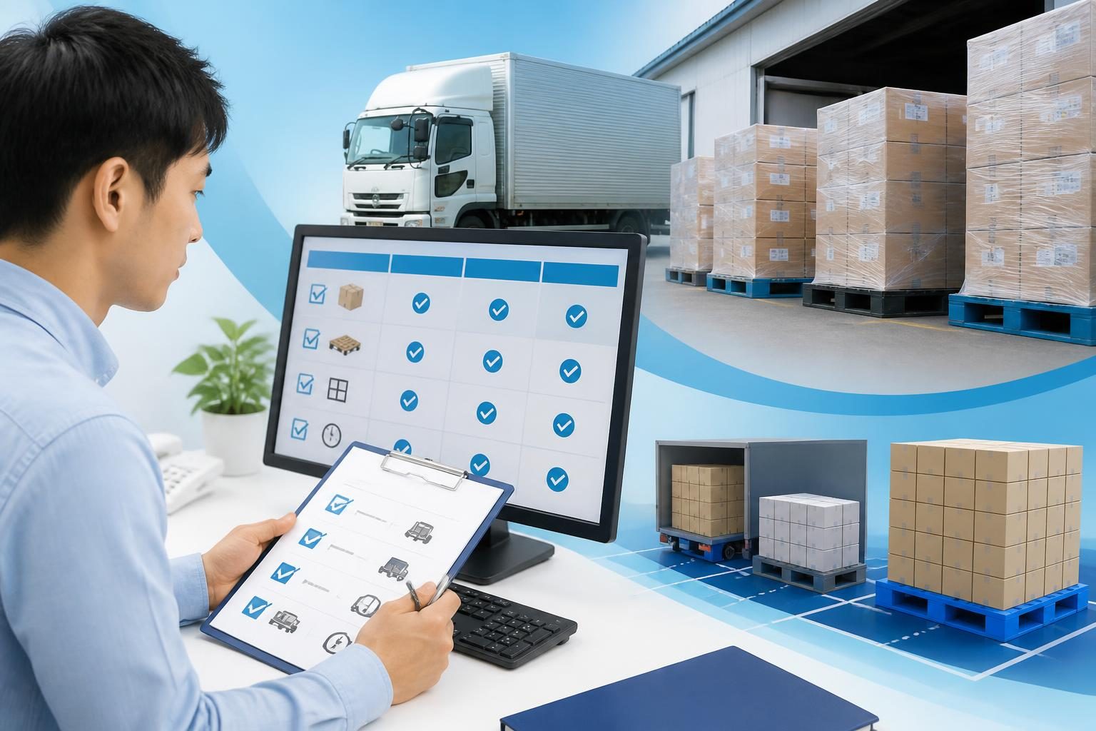 混載便の依頼前に荷物情報を確認する物流担当者のイメージ