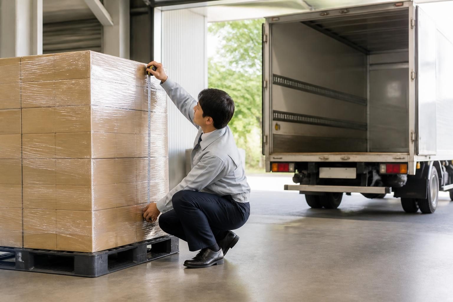 チャーター便の車格選定のために荷物寸法とトラック荷台を確認するイメージ