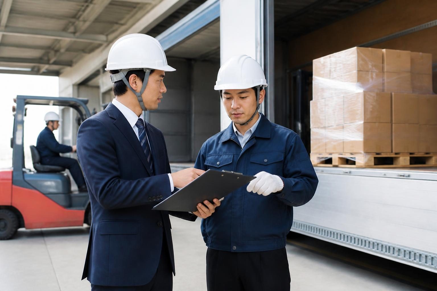 トラックチャーターの荷役条件についてフォークリフト設備と作業分担を確認する担当者