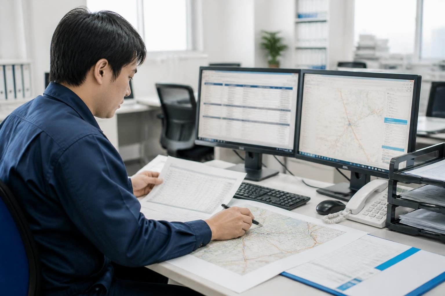 配車担当者が積み地と戻り経路を照合しながら帰り便を検討するイメージ