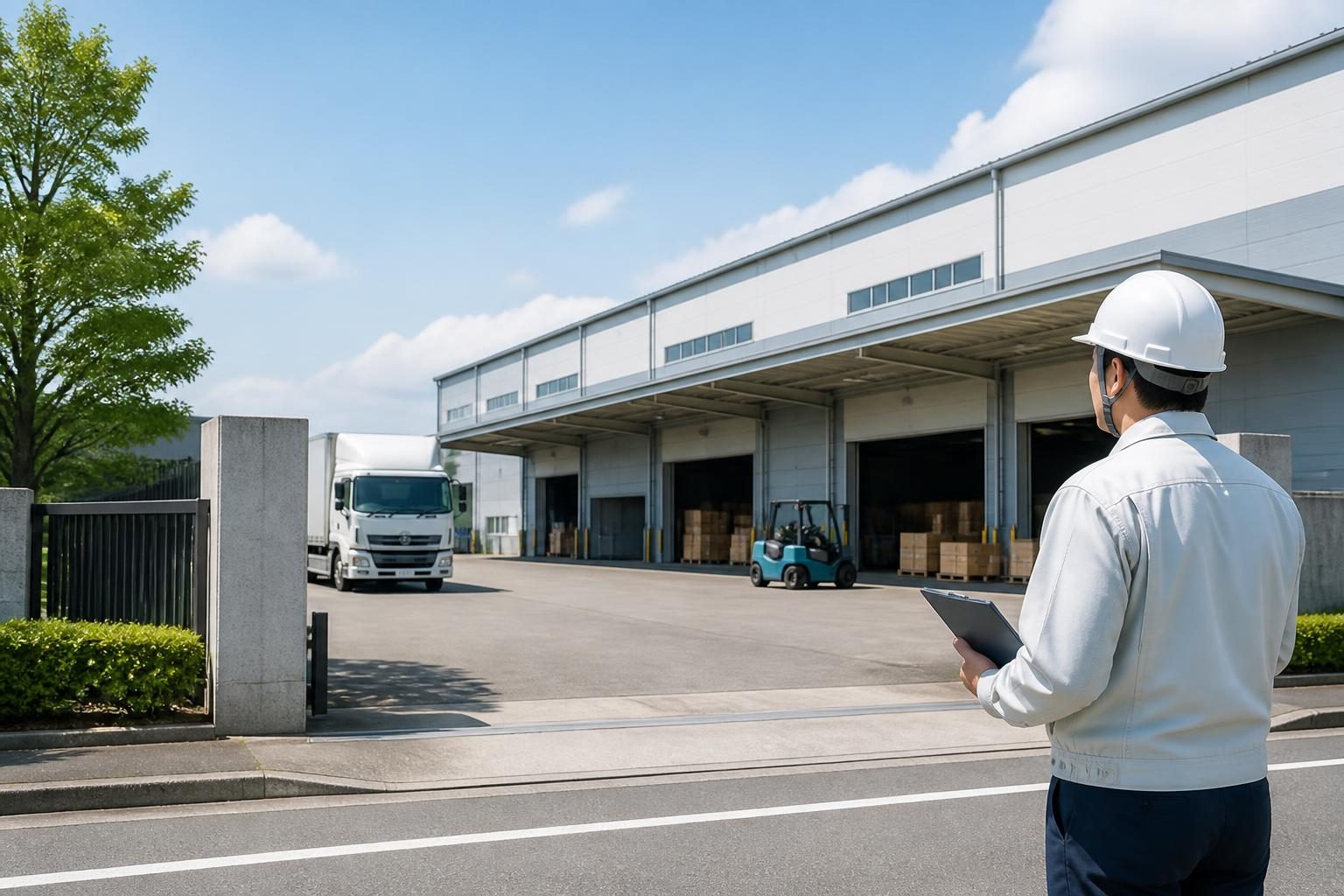 トラックの進入経路と搬入口、停車場所を確認する物流担当者