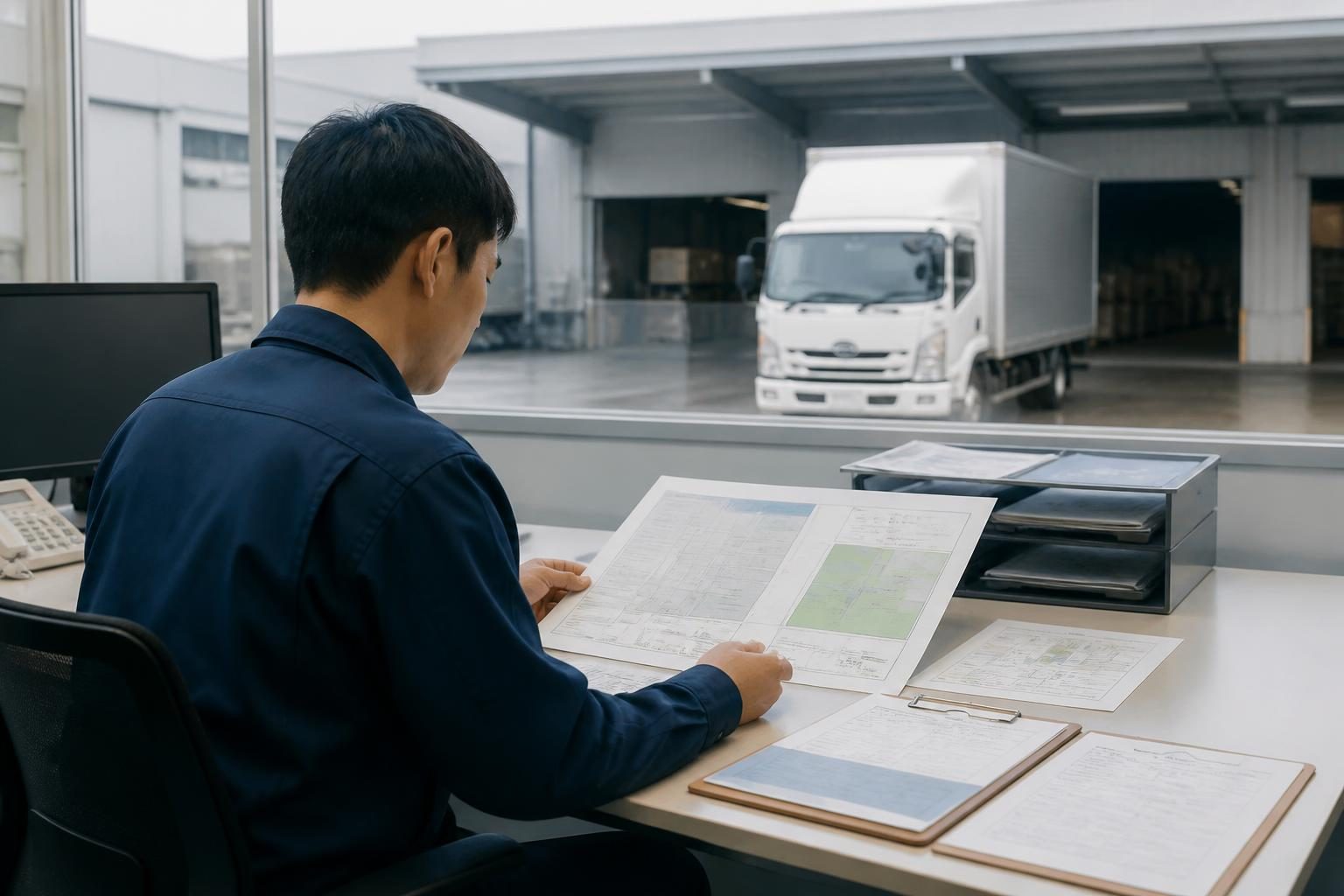 荷物情報の納品条件として予約受付と搬入口を確認する配車担当者のイメージ