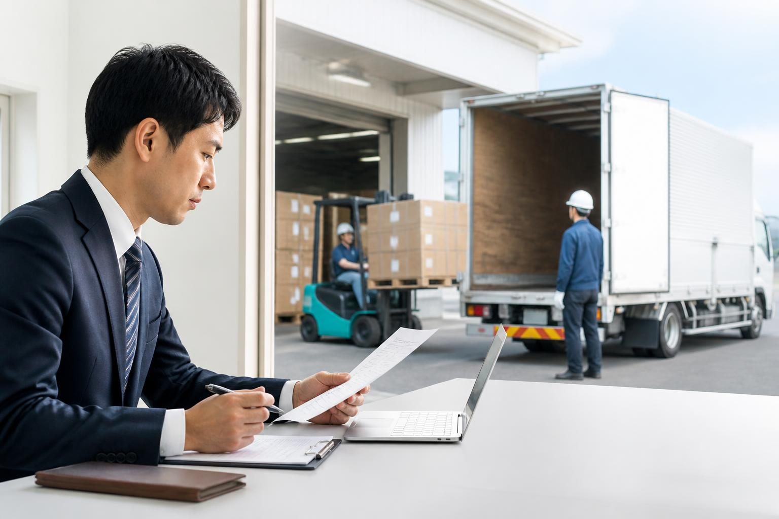 チャーター便の見積もりで待機時間と荷役条件を確認する担当者のイメージ