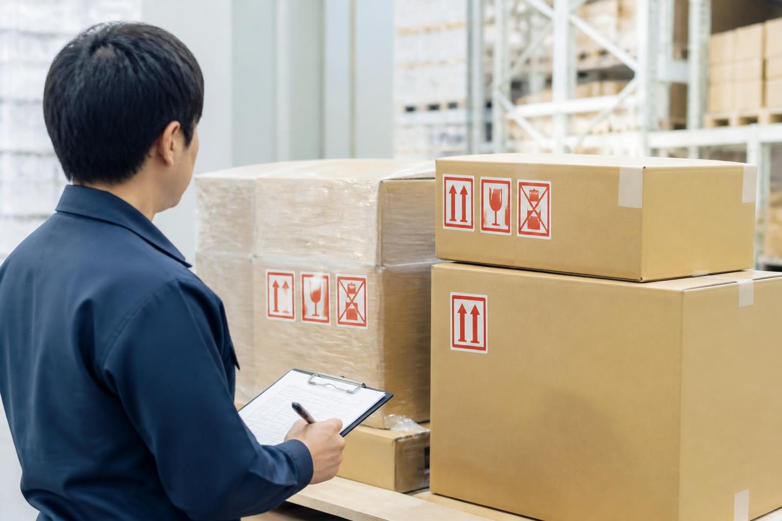 混載便での積み替えを想定して表示付きで梱包された荷物を確認する出荷担当者