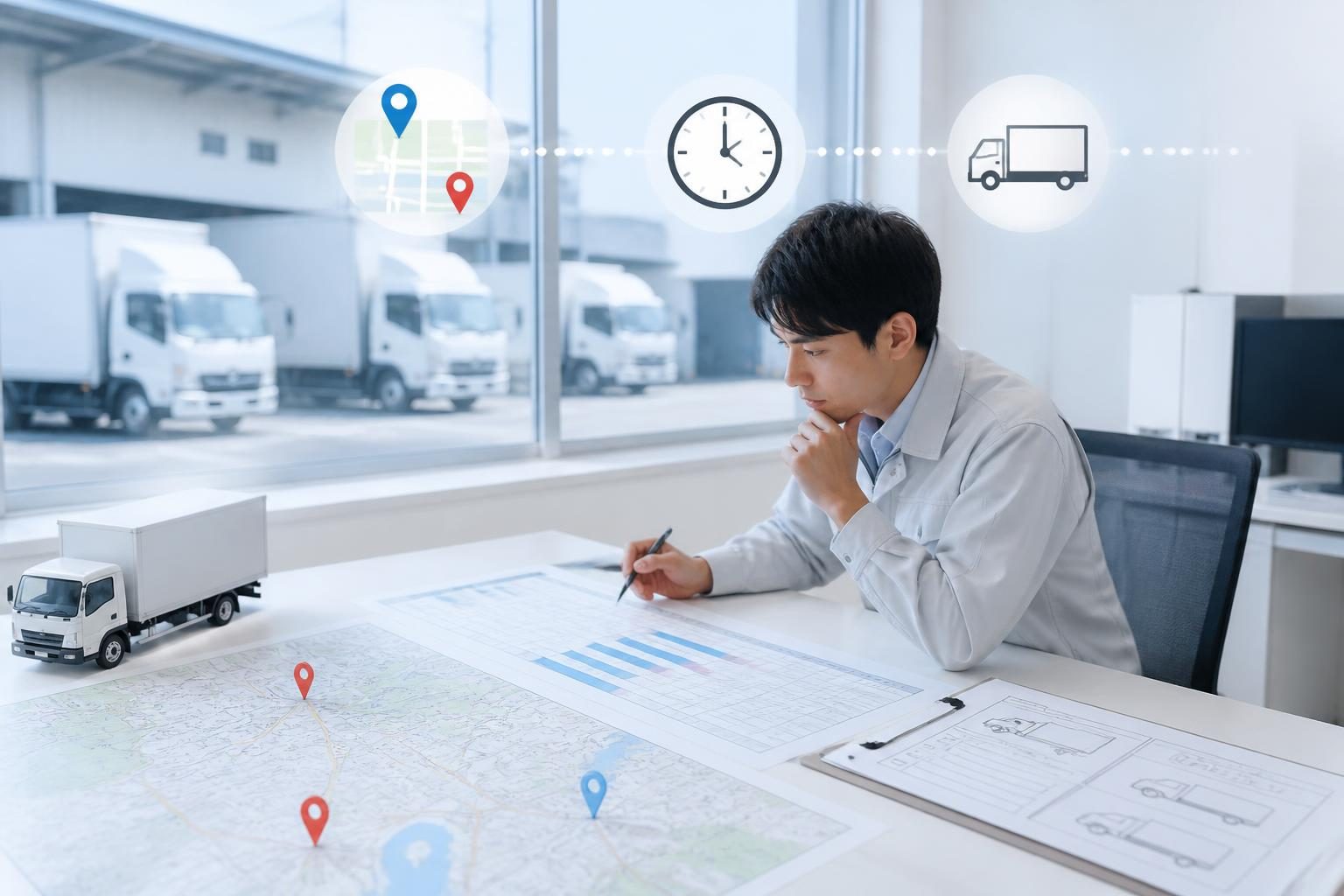 求荷求車で帰り荷を探す前に発着エリア・時間帯・荷台条件を確認するイメージ
